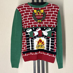 Ugly Christmas Sweater Small Fireplace Brick Wreath Stocking Small Unisex